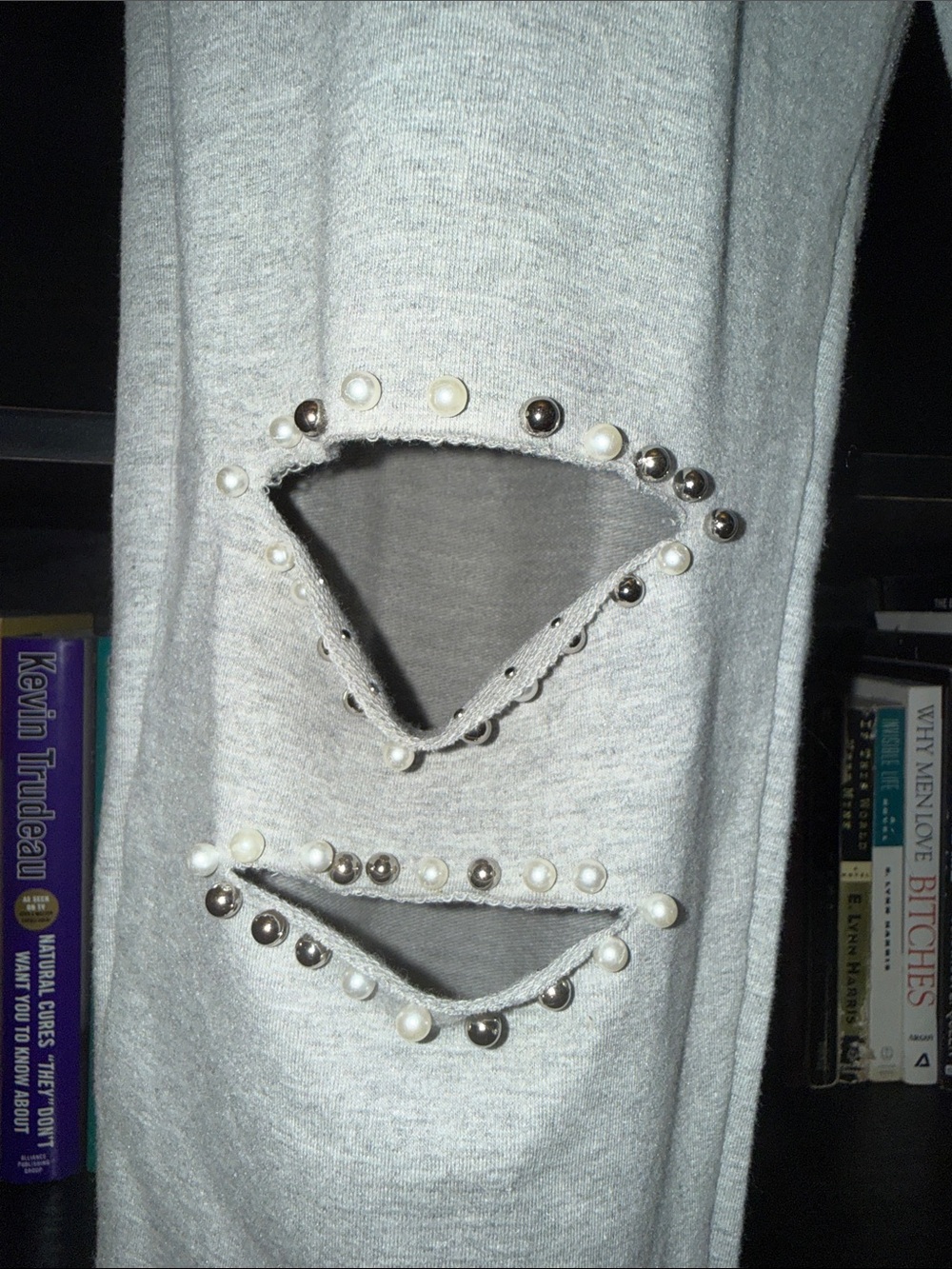Embellished Light Gray Distressed Sweatpants w/Pearl & Stud Cutouts & Side Pocke